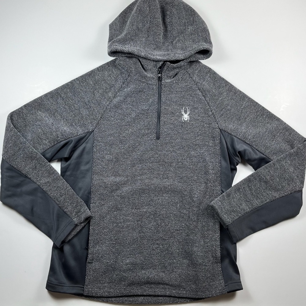 Spyder Mens XL Quarter Zip Hooded Fleece Pullover Sweater Charcoal Gray Black